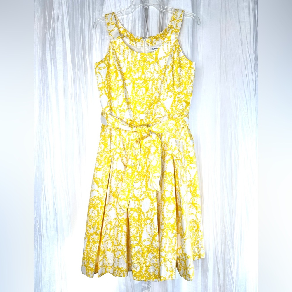 Calvin Klein Women Size 10 Yellow White Floral Cotton Fit Flare Dress Round Neck